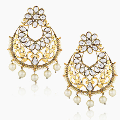 Divastri Bridal Wedding Traditional Pearl Kundan Fancy Party Wear Earrings For Women Girls Cubic Zirconia, Pearl Copper, Brass Earring Set, Chandbali Earring