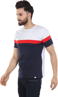 Kore Cloting Point Colorblock Men Round Neck Dark Blue, Red, White T-Shirt