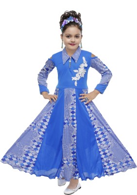 MRM CREATION Girls Maxi/Full Length Party Dress(Blue, Full Sleeve)