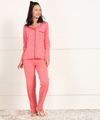 Dreambe Women Solid Pink Shirt & Pyjama set