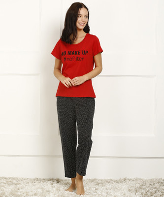 Dreambe Women Printed Red Night Suit Set