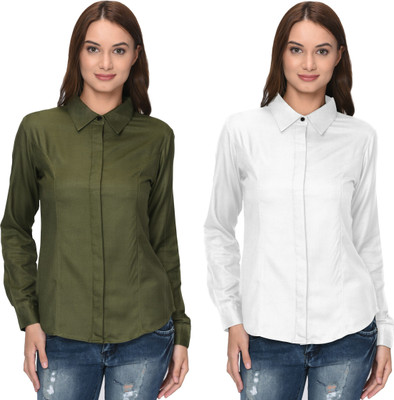 Thisbe Women Solid Casual White, Light Green Shirt(Pack of 2)