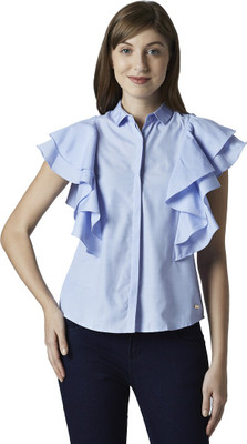 PARK AVENUE Casual Butterfly Sleeve Solid Women Blue Top