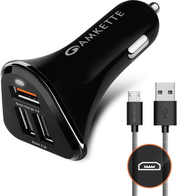 AMKETTE 18 W Qualcomm 3.0 Turbo Car Charger(Black, With USB Cable)