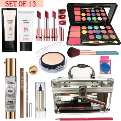 Volo All In One Makeup Kit (3 Lipstick,1 EyeShadow,1 CC Cream, Compact,Primer,Gel Kajal,Kajal, Lip Liner, 1 Makeup Brush,1 Makeup Puff,1 Multi-purpose Makeup Box) Set of 13 Pcs (Maroon)(13 Items in the set)