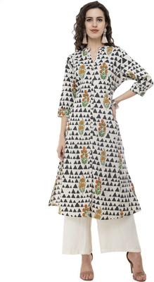 AKASH INDIA Women Printed Frontslit Kurta(White)