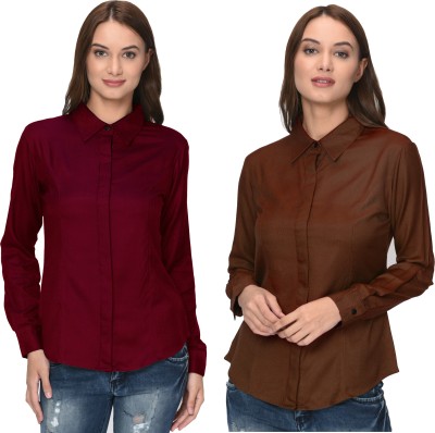 Thisbe Women Solid Casual Maroon, Brown Shirt(Pack of 2)