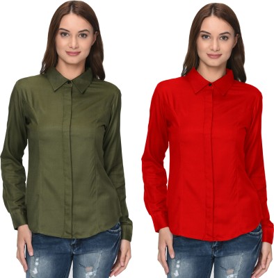 Thisbe Women Solid Casual Dark Green, Red Shirt(Pack of 2)