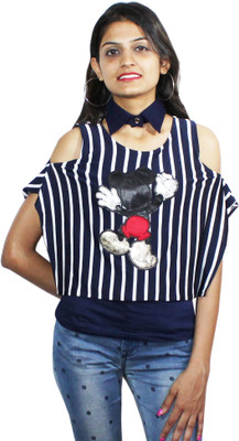 De Calma Casual Cold Shoulder Striped Women Dark Blue Top