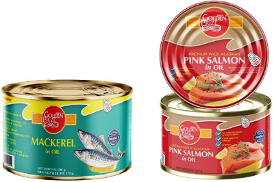 Golden Prize Mackerel in Oil, 200g and Pink Salmon in Oil, 140gm Sea Foods(340 g, Pack of 2)