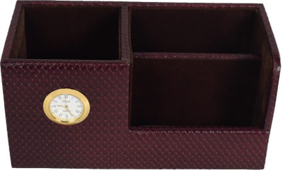 Stones Bridge 3 Compartments Leather Leather Desktop Organizer(Brown)