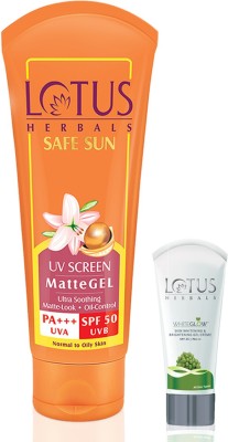 LOTUS Combo Pack - Safe Sun UV Screen Mattegel Pa+ Spf-50 & Whiteglow Skin Whitening(2 x 59 g)