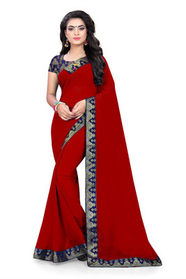 RASIKAA Solid/Plain Bollywood Chiffon Saree(Red)