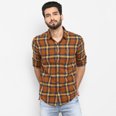 mufti-men-checkered-casual-dark-blue-brown-yellow-shirt-1