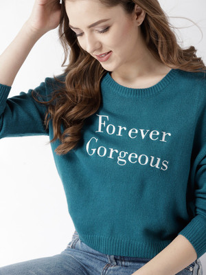 Mast & Harbour Self Design Round Neck Casual Women Blue Sweater