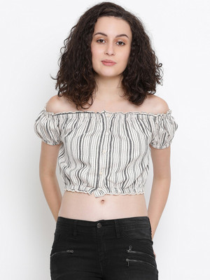OXOLLOXO Casual Puff Sleeve Striped Women White, Grey Top