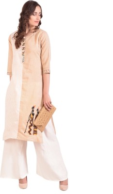 Sanjh Women Embroidered, Striped Straight Kurta(Beige)