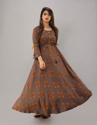 MAHAGEETA Women Printed Flared Kurta(Brown)