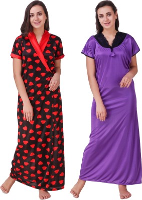 YUALIN CREATION Women Nighty with Robe(Purple, Black, Red)