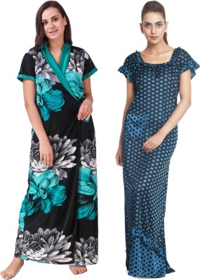 YUALIN CREATION Women Nighty with Robe(Blue)