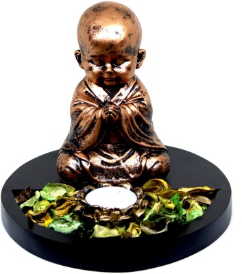 Craft Junction Handcrafted Namaste Baby Monk Statue With Tealight Holder Wooden Base Decorative Showpiece  -  15 cm(Polyresin, Wood, Brown)