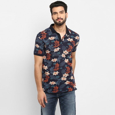 Mufti Printed Men Polo Neck Dark Blue T-Shirt