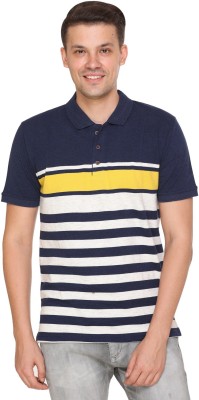 aarbee Striped Men Polo Neck Dark Blue, White, Yellow T-Shirt