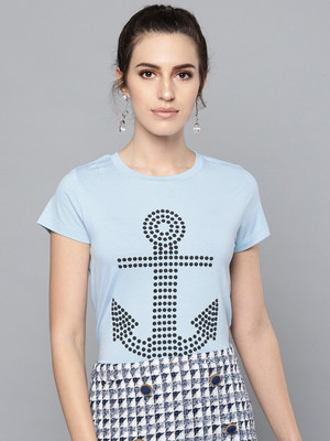 STREET9 Printed Women Round Neck Blue T-Shirt