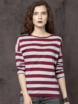 Roadster Casual Regular Sleeve Striped Women White, Maroon Top