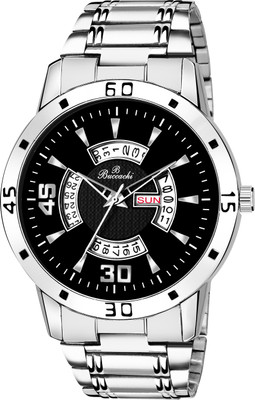 Buccachi Black Dial Day & Date Functioning Water Resistant Stainless Steel Bracelet Watch for Men/Boys Analog Watch  - For Men
