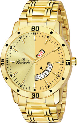 Buccachi Gold Dial Day & Date Functioning Water Resistant Stainless Steel Gold Color Strap Bracelet Watch for Men/Boys Analog Watch - For Men