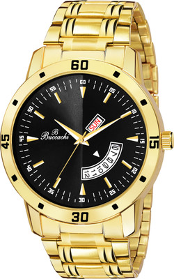 Buccachi Black Dial Day & Date Functioning Water Resistant Stainless Steel Gold Color Strap Bracelet Watch for Men/Boys Analog Watch - For Men