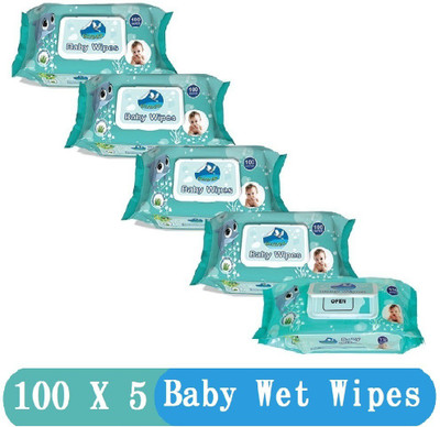 GLIDER Baby Wet Wipes with Lid/Flip-top(100 Wipes) (White) - Pack of 5(5 Wipes)