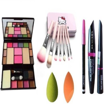 Ownstar EyeLiner Kajal Mascara (OS 3 in1) & TYA Makeup Kit 6171 & Hello Kitty Brush Set & MN MeNow 2 Puff Sponges(7 Items in the set)