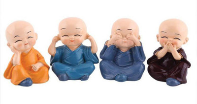 Natali Traders Set of 4 Miniature Decorative Buddha Monk Figurines Decorative Showpiece  -  5 cm(Polyresin, Multicolor)