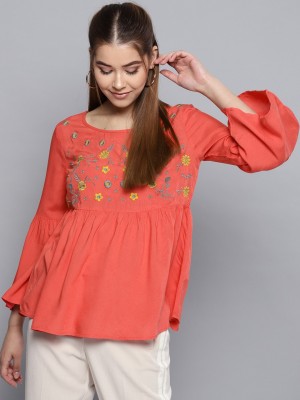 STREET9 Casual Bell Sleeve Embroidered Women Orange Top