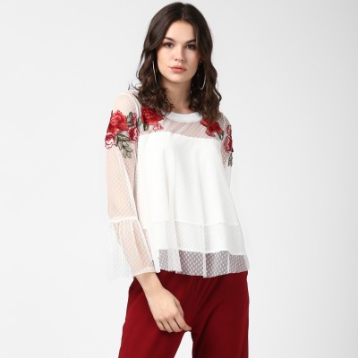 STYLESTONE Party Bell Sleeve Self Design Women White Top