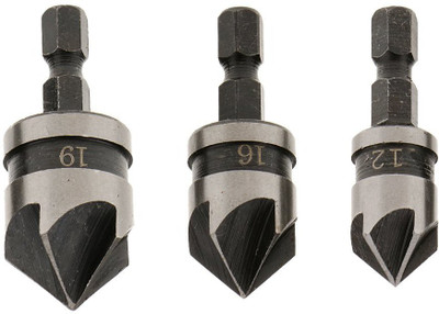 Maxxlite B01MR2X180 Metal 1/4-inch Hex 12, 16, 19 mm Countersink Power Drill Bit Bore Set for Wood- Set of 3