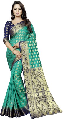 Shopwell Woven Banarasi Cotton Silk Saree(Blue)