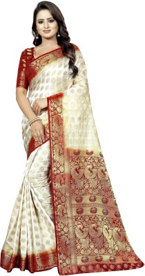Perfect Wear Woven Banarasi Cotton Silk Saree(White)
