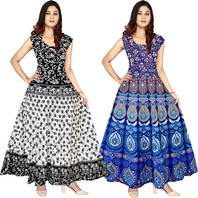Madanam Women Maxi White, Blue, Black Full Length Dress