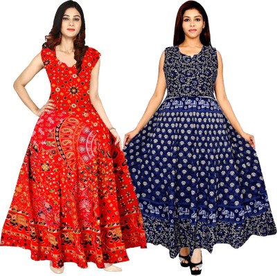 Madanam Women Maxi Red, Blue Dress