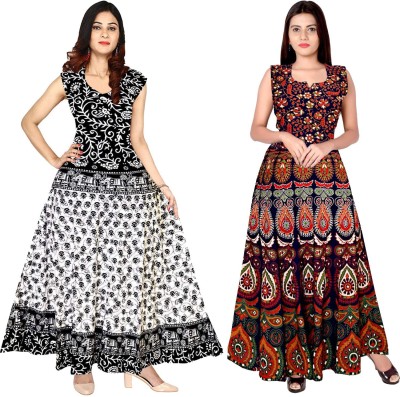 Madanam Women Maxi Dark Blue, White, Black Dress