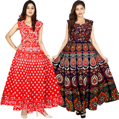 Madanam Women Maxi Red, Blue Full Length Dress