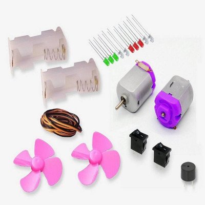 Technical hut 20 Items Basic Motor LED Hobby Kit II 20 Items In 1 Kit (2 DCMotor + 2 Battery Holder + 2 Switch + Buzzer + 10 Leds + 2 Propeller + Wire) Motor Control Electronic Hobby Kit