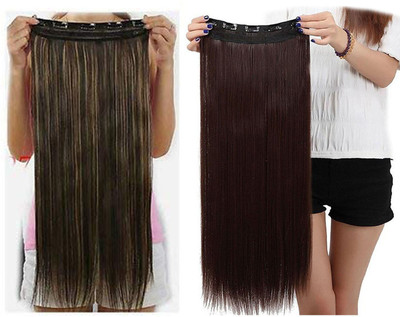 Maahal Pack of 2, Straight Full Head Synthetic Fibre Clip In  Extensions Hair Extension