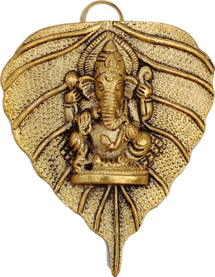 Metal Handicrafts Ganesha On Leaf Wall Hanging Sculpture Decorative Showpiece  -  5 cm(Brass, Gold)