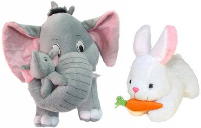 saburi Mother Elephant With 2 Babies Soft Toy and White Rebbit  - 38 cm(Multicolor)