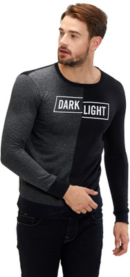 MANIAC Printed Round Neck Casual Men Grey, Black Sweater