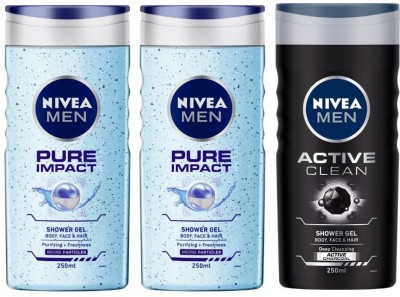 Nivea Pure Impact and Active Clean Shower Gel  (3 x 250 ml)